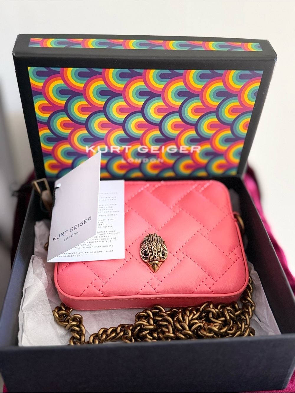 Kurt Geiger Coral Quilted Leather Crossbody with Gold Eagle Head